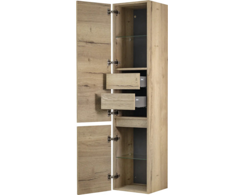 Hoge kast met twee deuren, twee laden en glazen legplanken