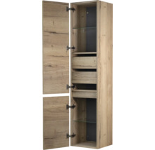 Hoge kast met twee deuren, twee laden en twee glazen planken