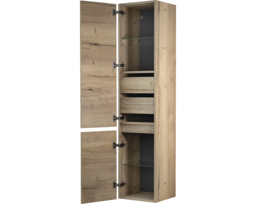 Hoge kast met twee deuren, twee laden en twee glazen planken