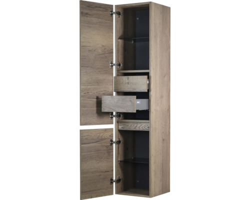 Hoge kast met twee deuren, twee laden en glazen planken