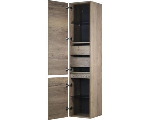 Hoge kast met twee lades en twee glazen planken, deuren open