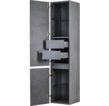 Open, grijze badkamerhoge kast met twee laden en glazen legplanken.