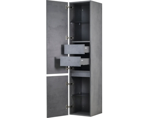 Open, grijze badkamerhoge kast met twee laden en glazen legplanken.