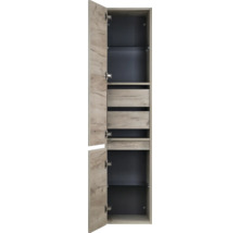 Hoge kast met twee deuren, twee laden en legplanken