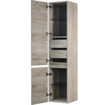 Hoge kast met laden en glazen legplanken