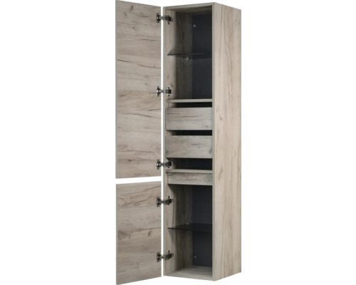 Hoge kast met laden en glazen legplanken