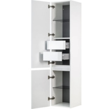 Witte hoge kast met twee laden en glazen leggers