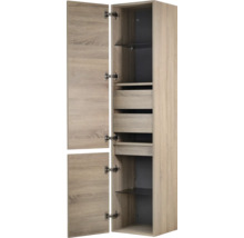 Hoge kast met twee deuren, twee laden en glazen leggers