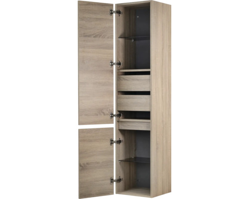 Hoge kast met twee deuren, twee laden en glazen leggers