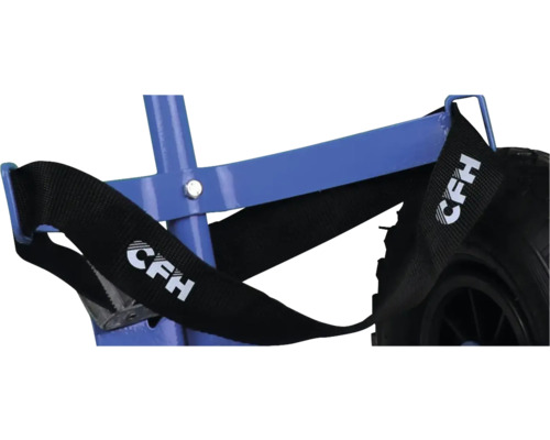 Detail van een steekwagen met spanband en CFH logo.