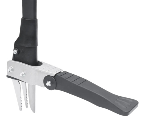 Close-up van een onkruidsteker met metalen schacht en kunststof handvat