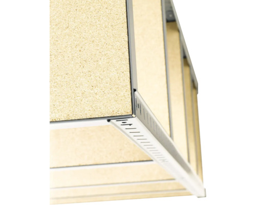 Detailopname van een plankconstructie met spaanplaat en metalen rand