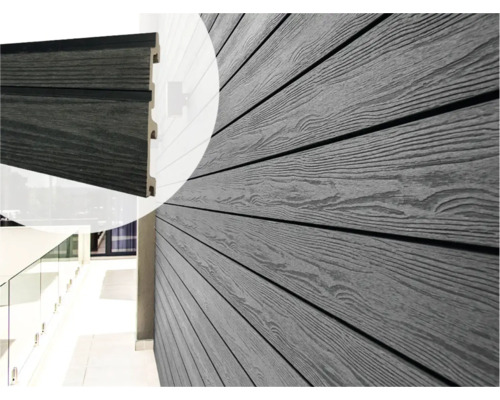 EVA-LAST Gevelbekleding Coal Black Apex S/L 5900x152/163x24,5 mm Grijze gevelbekleding van composiet materiaal met houtstructuur