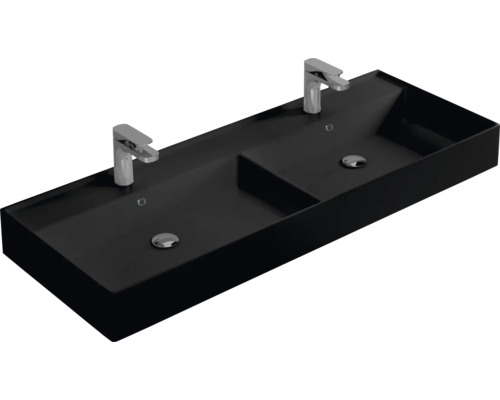 Zwarte dubbele wastafel met twee kranen