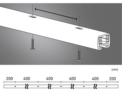 Installatieschets van een gordijnrail met schroeven en afmetingen
