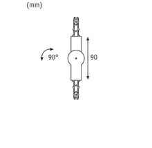 Technische tekening van een beslag met een lengte van 90 millimeter en een draaihoek van 90 graden.