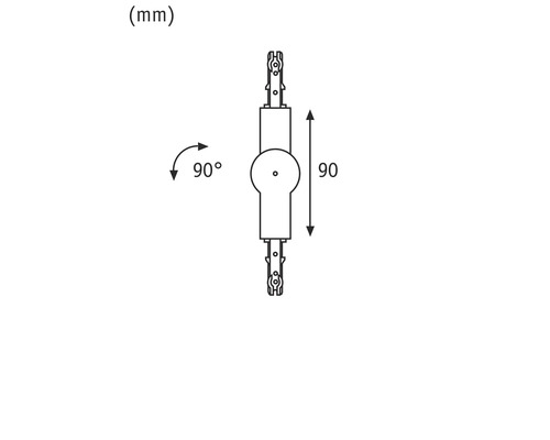 Technische tekening van een beslag met een lengte van 90 millimeter en een draaihoek van 90 graden.