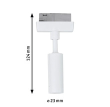 Afbeelding van een witte railspot met afmetingen van 124 millimeter hoogte en 23 millimeter diameter