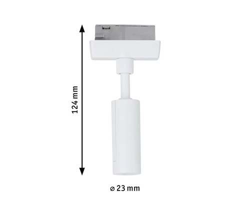 Afbeelding van een witte railspot met afmetingen van 124 millimeter hoogte en 23 millimeter diameter
