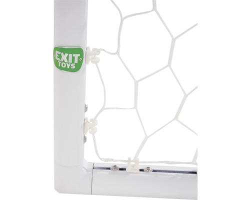 Detailaanzicht van een voetbaldoel met doelnet en het Exit Toys logo.
