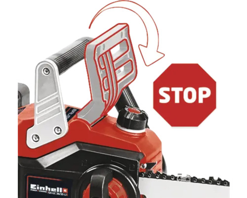 Afbeelding van het veiligheidssysteem van een kettingzaag met een stopbord