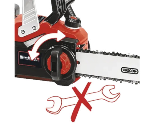 Eenhands kettingzaag met pijl die de draaibeweging aangeeft en een symbool dat er geen gereedschap nodig is