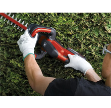 Iemand gebruikt een heggenschaar en draagt beschermende handschoenen.