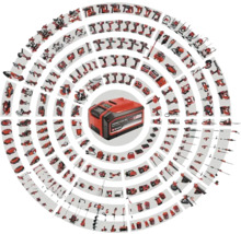 Einhell accusysteem met een verscheidenheid aan elektrisch gereedschap en tuingereedschap.