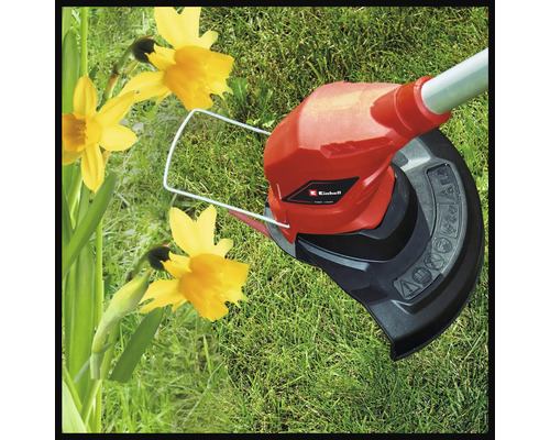 Einhell Logo. Grastrimmer in gebruik naast narcissen op een gazon.