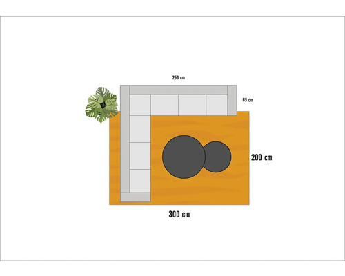 Illustratie van een woonkamer met hoekbank, salontafels en kamerplant met maatvoering