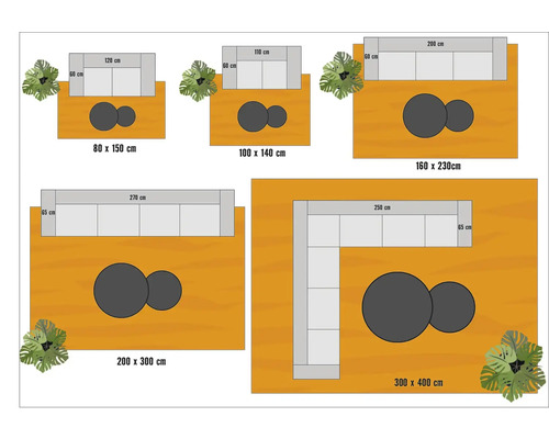 Verschillende formaten buitentapijten met meubels en planten