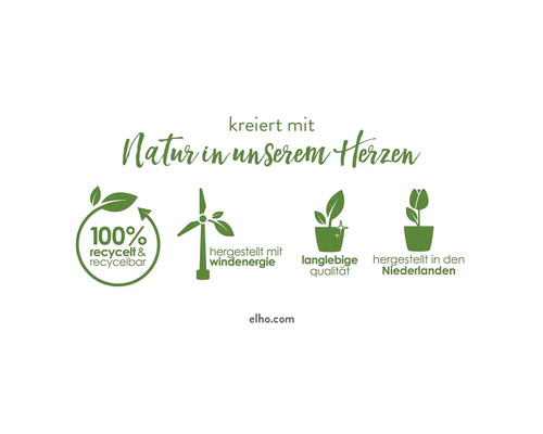 Duurzaamheidskenmerken van Elho producten: 100 procent gerecycled en recyclebaar, geproduceerd met windenergie, duurzame kwaliteit, geproduceerd in Nederland