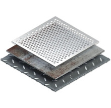 Drie verschillende metalen platen: geperforeerde plaat, stalen plaat, traanplaat