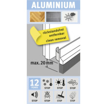Aluminium deurafdichting met de aanduiding schoon verwijderbaar en pictogrammen over producteigenschappen