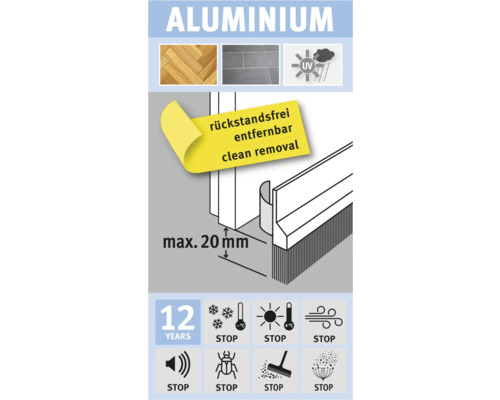 Aluminium deurafdichting met de aanduiding schoon verwijderbaar en pictogrammen over producteigenschappen