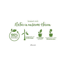 Duurzaamheidskeurmerk: 100 procent gerecycled en recyclebaar, geproduceerd met windenergie, duurzame kwaliteit, geproduceerd in Nederland