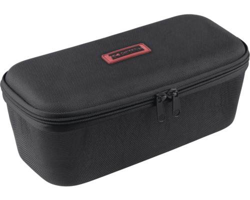 Zwarte gereedschapstas met ritssluiting en bedrijfslogo