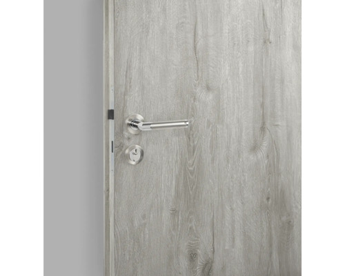 Grijze binnendeur met zilverkleurige deurklink en slot