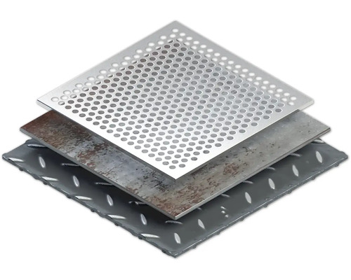 Drie verschillende metalen platen: geperforeerde plaat, stalen plaat en traanplaat