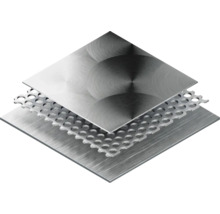 Afbeelding van drie op elkaar liggende metalen platen, waaronder een geperforeerde plaat