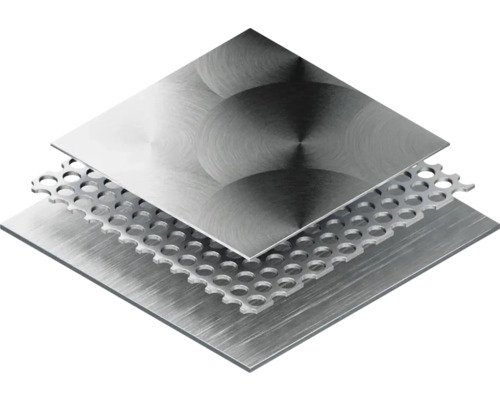 Afbeelding van drie op elkaar liggende metalen platen, waaronder een geperforeerde plaat