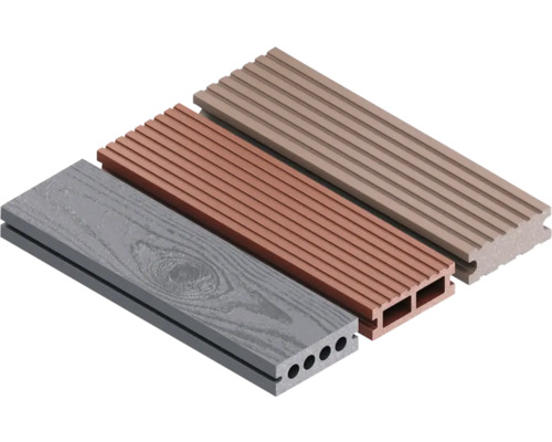 Drie composiet terrasplanken in verschillende uitvoeringen