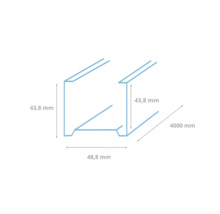 Technische tekening van een metalen profiel met de afmetingen 43,8 mm hoogte, 48,8 mm breedte en 4000 mm lengte