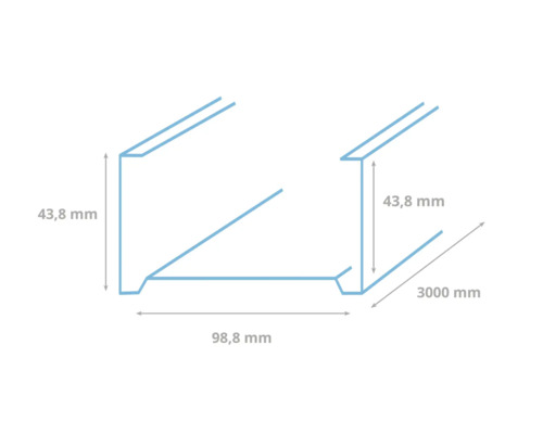 Technische tekening van een U-profiel met de afmetingen 43,8 mm, 98,8 mm en 3000 mm.