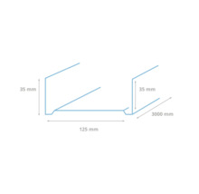 Technische tekening van een dakprofiel met afmetingen van 35 mm hoog, 125 mm breed en 3000 mm lang