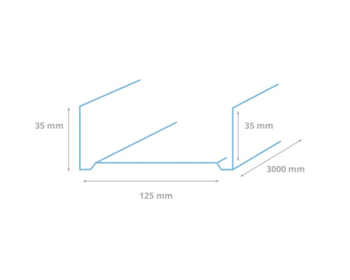 Technische tekening van een dakprofiel met afmetingen van 35 mm hoog, 125 mm breed en 3000 mm lang