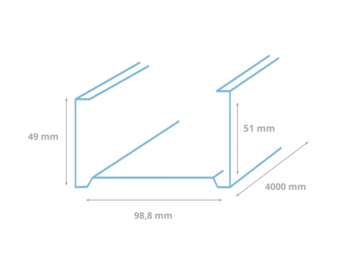 Afbeelding van een U-profiel met de afmetingen 49 millimeter, 51 millimeter, 98,8 millimeter en 4000 millimeter.