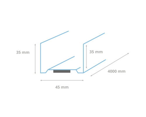 Technische tekening van een profiel met afmetingen: 35 mm hoog, 45 mm breed en 4000 mm lang.