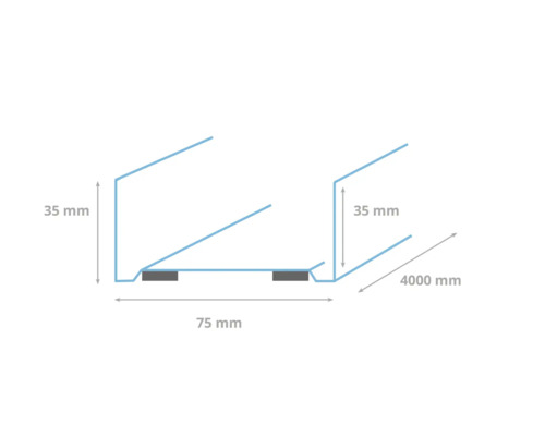 Schema van een dakgoot met afmetingen van 35 mm hoogte, 75 mm breedte en 4000 mm lengte