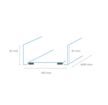 Diagram van een dakrandprofiel van 4000 mm lang, met een hoogte van 35 mm en een breedte van 100 mm